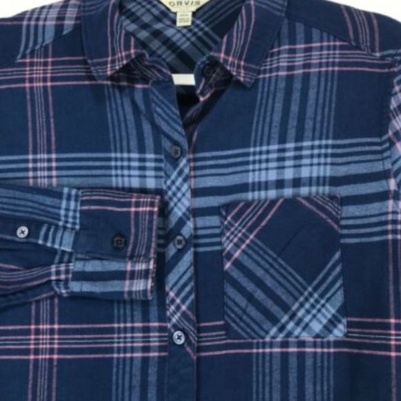 Orvis Flannel Shirt Women's Size XL Blue Plaid Pocket Long Sleeve Lightweight - Picture 7 of 8